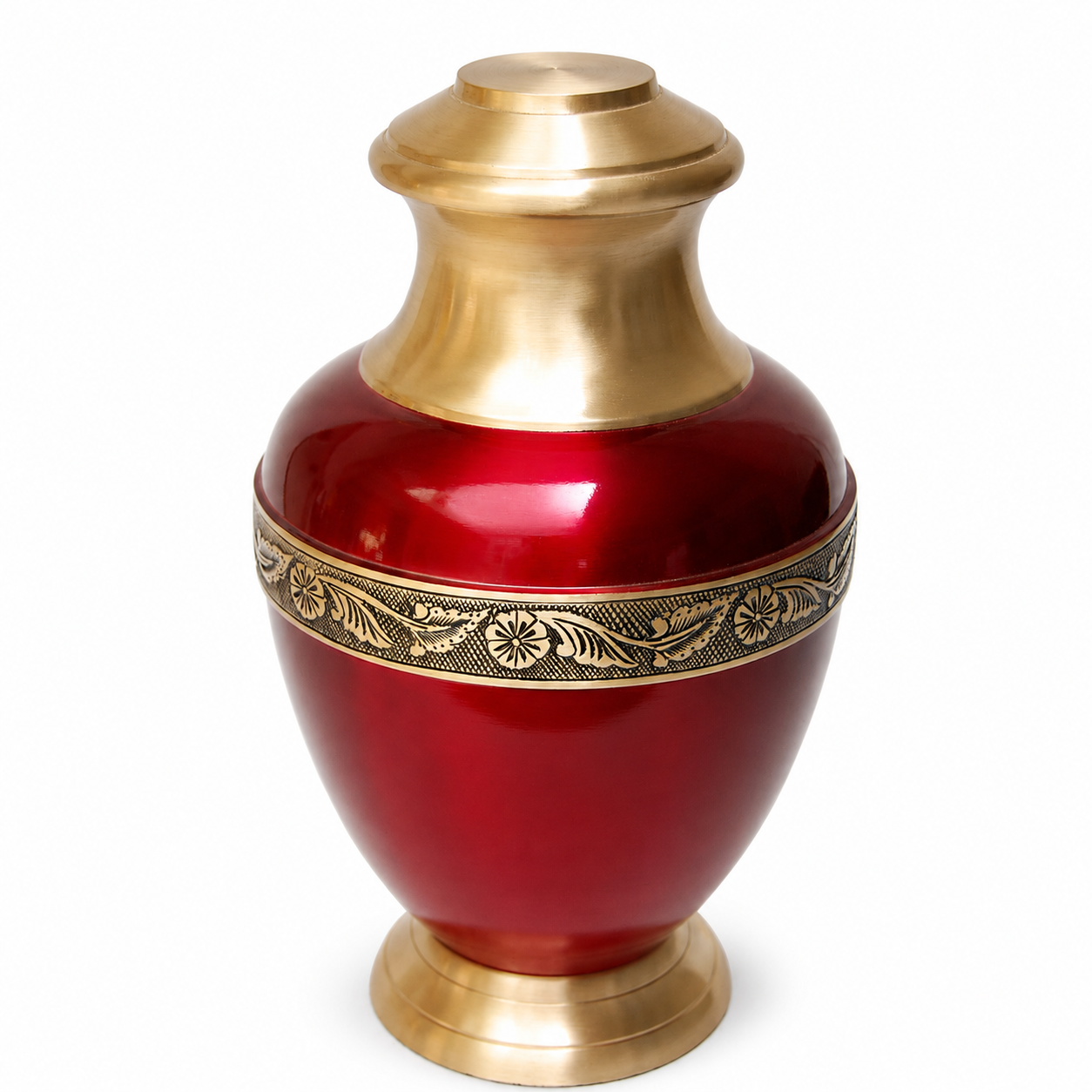 Crimson urn with gold lid and decorative bands